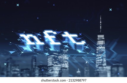Non-fungible token hologram on virtual digital screen, nft with network circuit and New York city skyscrapers in background. Concept of cryptoart and technology in modern megapolis
