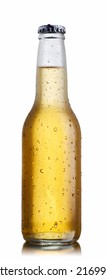 Non-glossy white beer bottle, back lighted showing a glowing golden beer content, drops and condensation