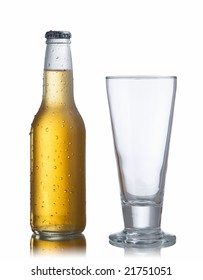 Non-glossy white beer bottle, back lighted showing a glowing golden beer content, drops and condensation and an empty glass