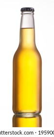 Non-glossy white beer bottle,back lighted showing a glowing golden beer content