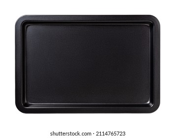 Nonstick baking sheet isolated on a white background. Empty rectangular oven tray for baking and roasting. Black baking pan for cooking and food design. Kitchen utensils. Top view.
