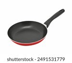 A non-stick frying pan with a red exterior and a black handle.