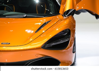 NONTHABURI - MARCH 28,2017 Details of a McLaren 720S with open the door displayed car on The 38th Bangkok International Thailand Motor Show in Nonthaburi, Thailand