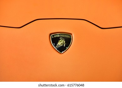 NONTHABURI - MARCH 29,2017: Close up Lamborghini logo on displayed car on The 38th Bangkok International Thailand Motor Show in Nonthaburi, Thailand.