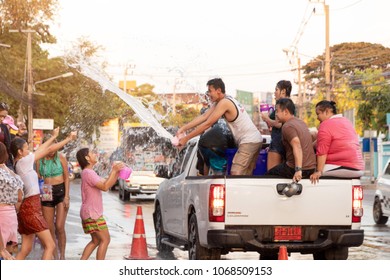 Nonthaburi, Thailand - April 14, 2018:  Thai Happy New Year; Peple and foreigners come to play splash water in Songkran Festival. Famous festival  (April 13-15 in every year) in Thailand.