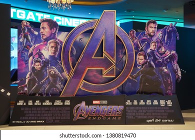 Nonthaburi, Thailand - April 24, 2019 : Avengers Endgame movie backdrop display in front of the movie theater at Central Westgate. This is a 2019 American superhero film produced by Marvel Studios.