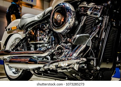 NONTHABURI, THAILAND - APRIL 4, 2018 : Shiny chrome motorcycle engine block of Harley-Davidson display at The 39th Bangkok international mortor show at Nonthaburi, Thailand.