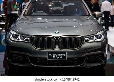 Nonthaburi , Thailand - April 7, 2018:  BMW M760Li XDrive M Sport . Front Side View Car Bonnet With Light Bulb Led For Car Headlights . Grey Color Luxury Automobile In Show Room .