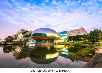 NONTHABURI THAILAND FEB-18 : Reflection Of Thai Government Center Modern Building In The Twilight Time At The Center Of Thailand Government Center On FEBRUARY, 2018 At Nonthaburi Thailand.