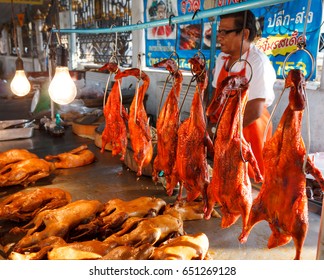 Nonthaburi, Thailand - January 16, 2010: Roast Duck Shop At Wat Sai Yai Floating Market