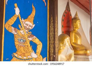 Nonthaburi, Thailand- March, 27, 2021 : Colorful Painting Of A Guardian Angel At The Gate Of Praramai Temple On Koh Kret, Nonthaburi, Thailand