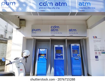 Nonthaburi, Thailand  November 17,2021 - Thailand TTB bank self automated transaction outlet (Thai translation PUM - BOOK UPDATE , CDM - DEPOSIT WITHDRAW BILL PAYMENT, ATM - AUTOMATED TELLER MACHINE)