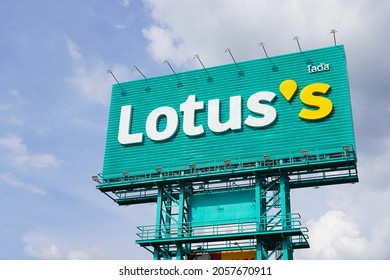 Nonthaburi, Thailand - Sep 2, 2021 : Lotus's signage, the Tesco brand is changing the name of its Tesco stores in Thailand to Lotus's. The logo comes in a new pastel tone of green and yellow.        