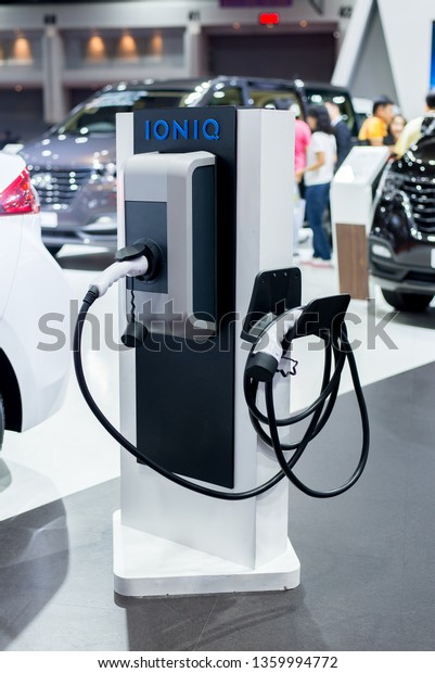 NONTHABURI,THAILAND - MARCH 4,2019\
:Car charging station on booths at Thailand BANGKOK INTERNATIONAL\
MOTOR SHOW 2019,Exhibition of vehicles for sale in\
Nonthaburi,Thailand