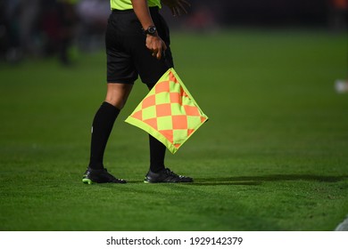 Nonthaburi-thailand-23feb2021:Flag Of Assistant Referee In Action During Thaileague Between Scg Muangthong Against Port Fc At Scg Stadium,thailand