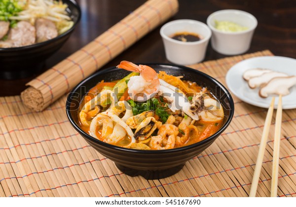 Noodle Seafood Bowl On Bamboo Mat Stock Photo Edit Now 545167690