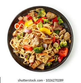 Noodles With Meat And Vegetables Isolated On White Background, Top View