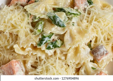 Noodles With Melted Cheese, String Beans And Salmon, Shot Close-up