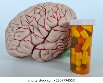 Nootropics use to improve memory and neural function smart drugs and cognitive enhancers conceptual idea with brain and pills