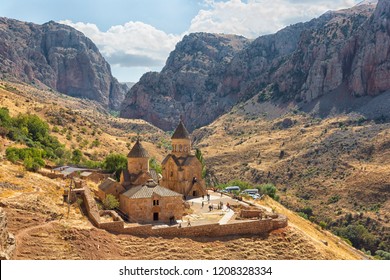 Noravank Monastery Complex Built On Ledge Of Narrow Gorge.  Tourist And Historical Place. Armenia