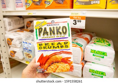 Norco, California/United States - 11/18/2019: A Hand Holds A Box Of Kikkoman Panko Bread Crumbs At A Local Grocery Store.