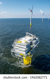 NORD SEA, BELGIUM - JUNE 12, 2019: This offshore transformer platform is the beating heart of the wind farm.