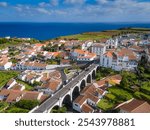 Nordeste town with a famous Ponte dos Sete Arcos old stone arch bridge, Sao Miguel Island, The Azores, Portugal. Aerial drone view