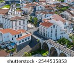 Nordeste town with a famous Ponte dos Sete Arcos old stone arch bridge, Sao Miguel Island, The Azores, Portugal. Aerial drone view