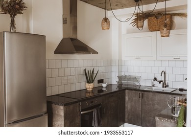 Nordic And Cozy Kitchen Interior. Boho Ecological And Loft Style.