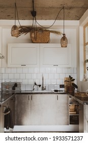 Nordic And Cozy Kitchen Interior. Boho Ecological And Loft Style.