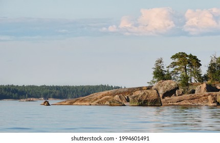 Nordic Rocky Island And Shore, Trees And Boulders On Granite. Baltic Sea, Gulf Of Finland.