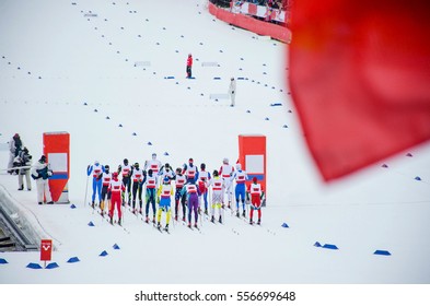 Nordic ski competitions. Athletes standing on the start before race