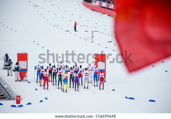 Nordic ski competitions. Athletes standing on the\
start before race