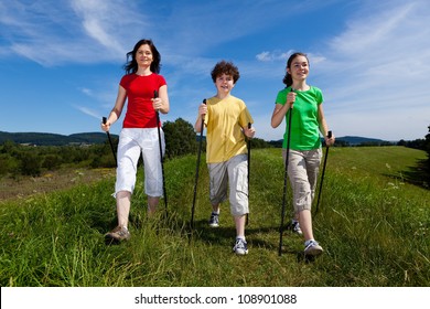 Nordic Walking - Active Family Exercising Outdoor