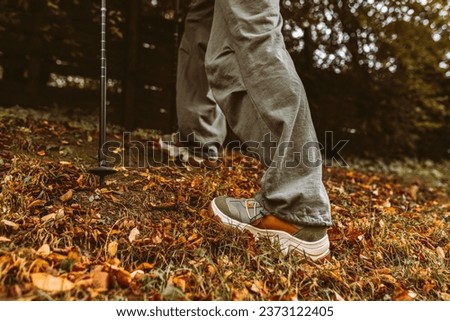 Nordic Walking in Autumn forest, hiking teenage girl. adventure and exercise concept, women's hiking, legs in comfortable hiking shoes and Nordic walking poles in autumn nature