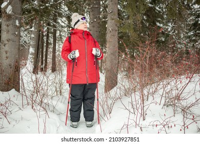 Nordic Walking In Winter. Grandma Goes In For Sports.