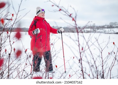 Nordic Walking In Winter. Grandma Goes In For Sports.