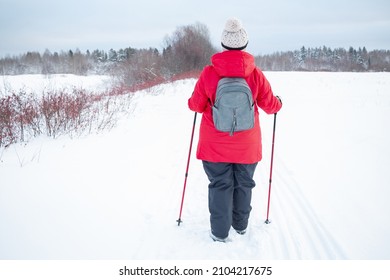 Nordic Walking In Winter. Grandma Goes In For Sports.