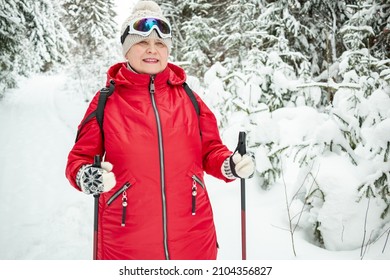 Nordic Walking In Winter. Grandma Goes In For Sports.