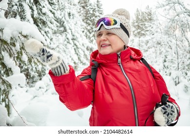 Nordic Walking In Winter. Grandma Goes In For Sports.