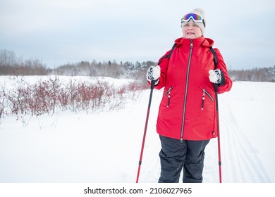 Nordic Walking In Winter. Grandma Goes In For Sports.