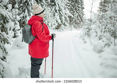 Nordic Walking In Winter. Grandma Goes In For Sports.