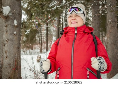 Nordic Walking In Winter. Grandma Goes In For Sports.