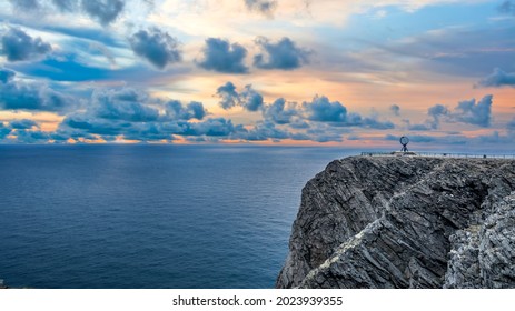 Nordkapp, Norway - June 2016: Midnight sun at North Cape Nordkapp on the northern point of Norway and Europe with Barents Sea, a part of Atlantic Ocean