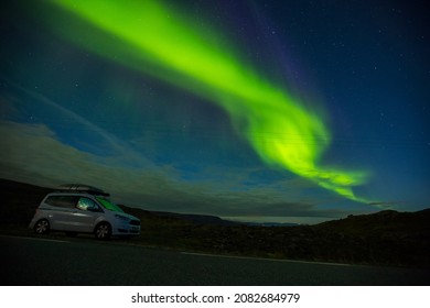 Nordkapp, Norway; September 2016: Northern Lights and campervan in Nordkapp, Northern Norway. Europe.