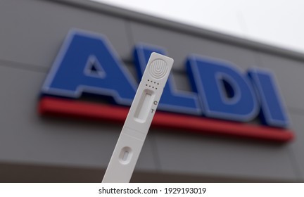 Nordstemmen, Germany - March 04,2021: A Corona antigen rapid test with the logo of the discounter Aldi in the background