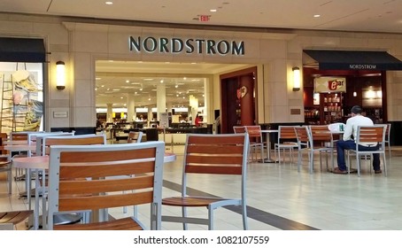 Nordstrom Retailer Cafe Customer Sits Near Storefront Shopping Mall Entrance, Peabody Massachusetts USA, April 21 2016