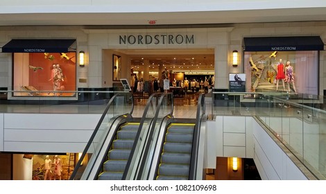 Nordstrom Retailer Escalators Head Up To Storefront Shopping Mall Entrance, Peabody Massachusetts USA, April 21 2016