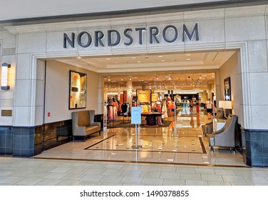 Nordstrom Upscale Retailer Storefront Entrance, Shopping Mall, Peabody Massachusetts USA, August 9, 2019