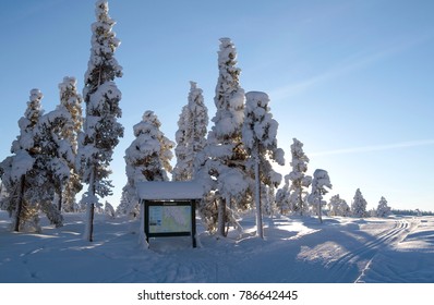 Norefjell / Norway - January 2016: Signpost With Ski Trail Map At The Edge Of The Forest In Boeeseter